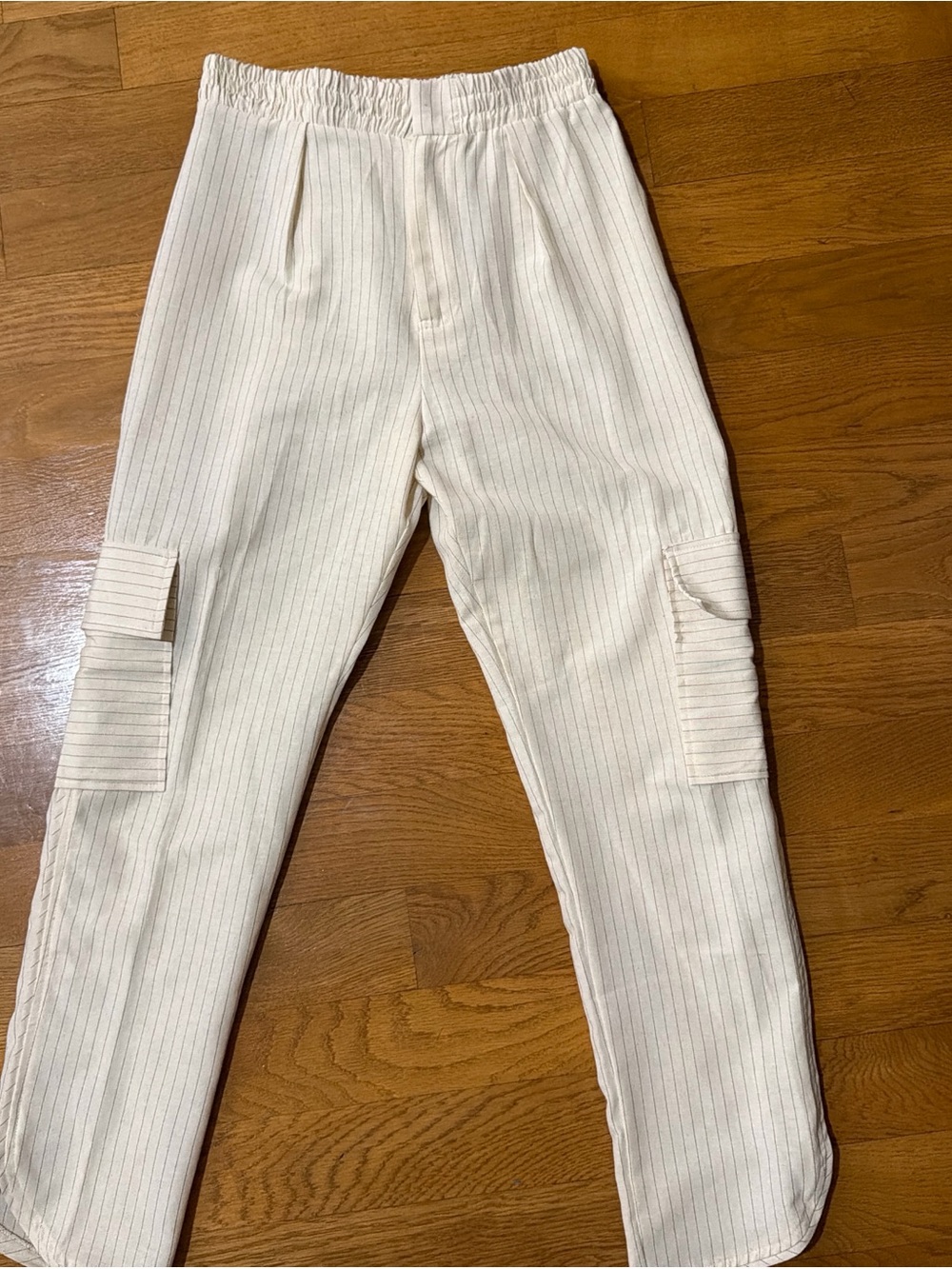 Light Cream Pinstripe Straight-Leg Cargo Pants